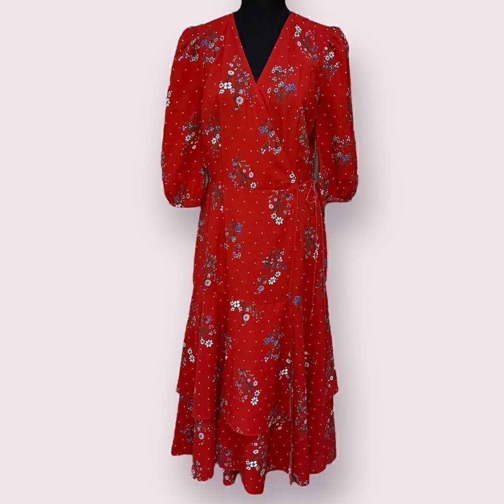 CHELSEA28 Floral Dot Print Tiered Wrap Dress in Dusty Red SZ 6